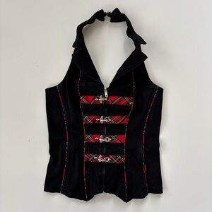 TRIPP NYC Women's Black Red Plaid Tartan Plaid Goth Corset Halter Top MEDIUM